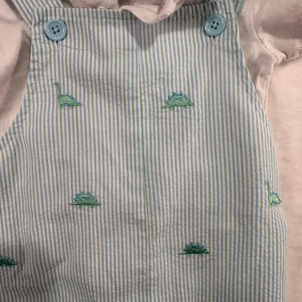 Starting Out Dinosaur Seersucker Shortall Set 18M Blue White Striped Baby Boy